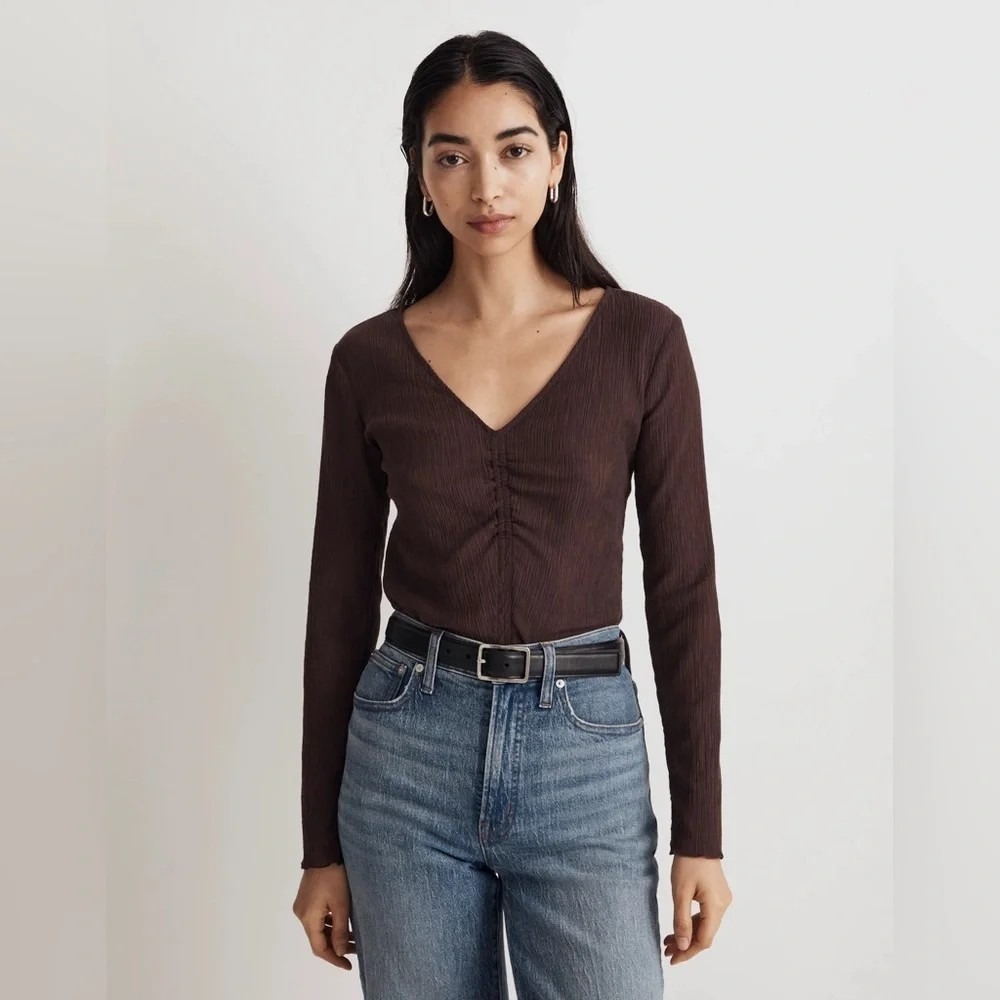 Madewell Semi-Sheer Shirred V-Neck Top In Chocolate Raisin- Size XL